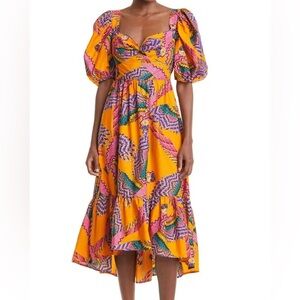 FARM RIO Macaw Puff-Sleeve Orange Midi Dress Size Large‎